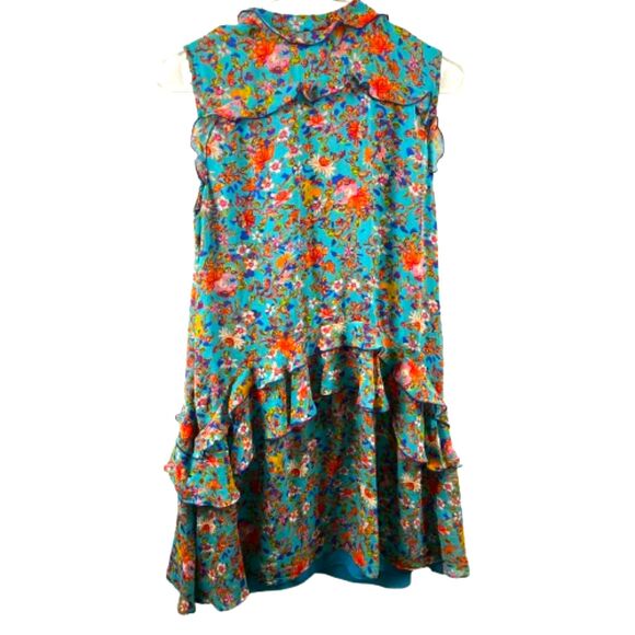 Saloni Silk Tilly Ruffle Mini Dress Turquoise Floral Print Size 4 Small - Picture 5 of 7